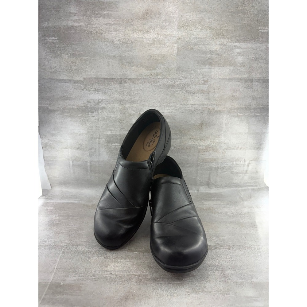 Clarks Collection Women Sz 9 Black Leather Pleated Side Zip Wedge Loafers